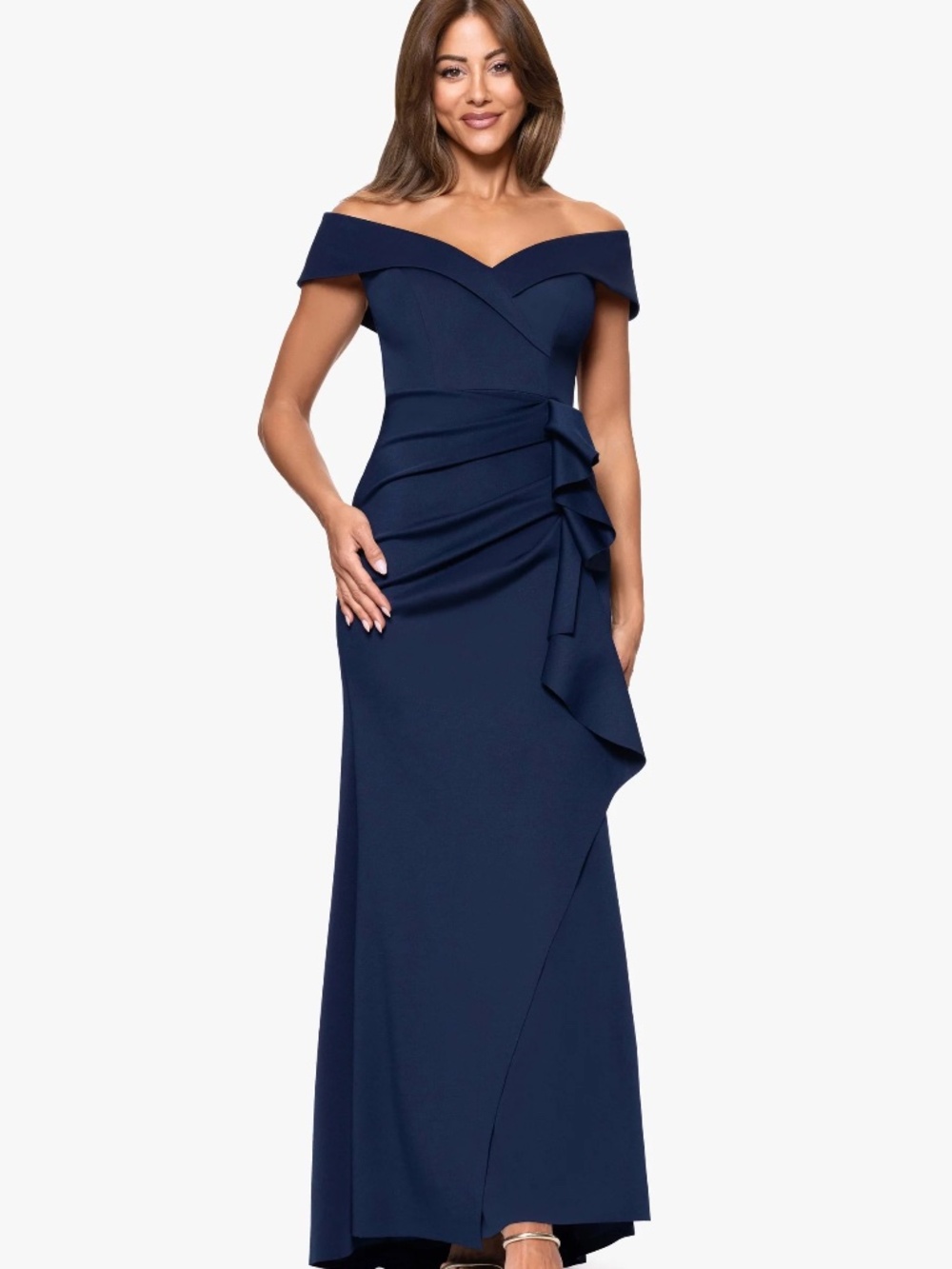 🩵 Xscape Patti Off The Shoulder Ruffle Gown 16P Navy